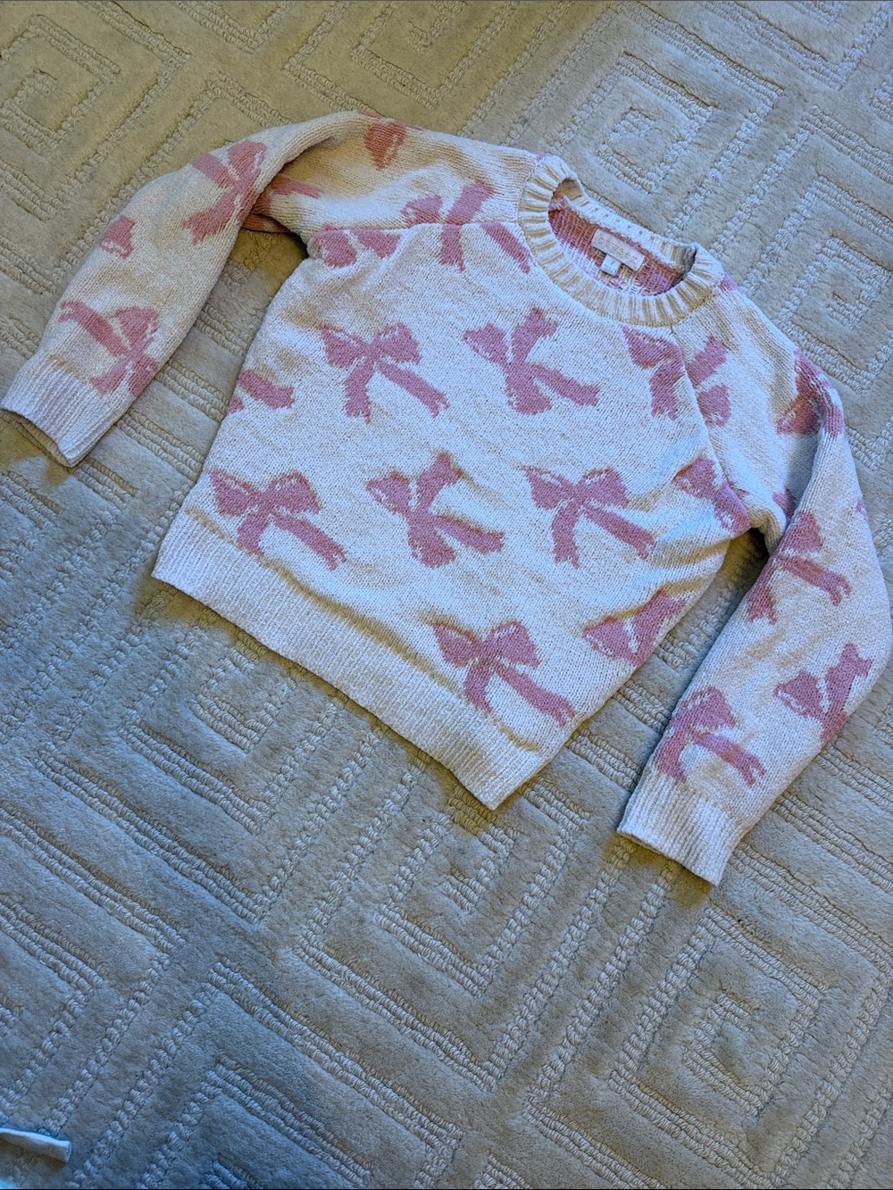 btween Cream Crewneck Sweater with Pink Bow Pattern